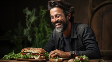 Bearded man laughing while making a sandwich
