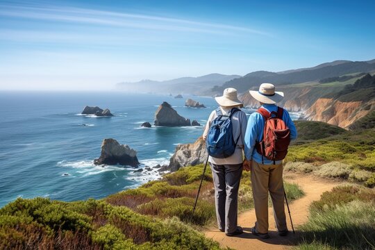 Couple hiking on the coast of California