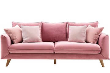 Modern scandinavian classic pink sofa with wooden legs and pillows isolated on white background. Furniture, interior object, stylish sofa. Pink interior, showroom. Fabric sofa front view.