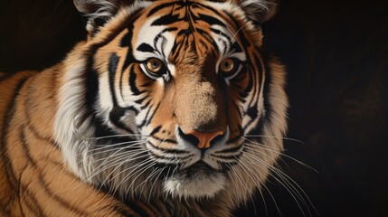  a close - up of a tiger's face on a black background with a blurry image of the tiger's face and the upper half of the tiger's face.