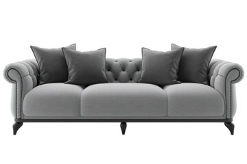 Modern scandinavian classic gray sofa with legs with pillows on isolated white background. Furniture, interior object, stylish sofa.