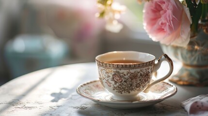Fototapeta premium a cup of tea sitting on top of a saucer next to a vase with flowers in it on top of a table with a table cloth and a vase of flowers in the background.