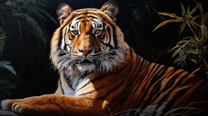  a painting of a tiger laying down in the grass with its eyes open and it's head turned to the side, with a dark background of green foliage.