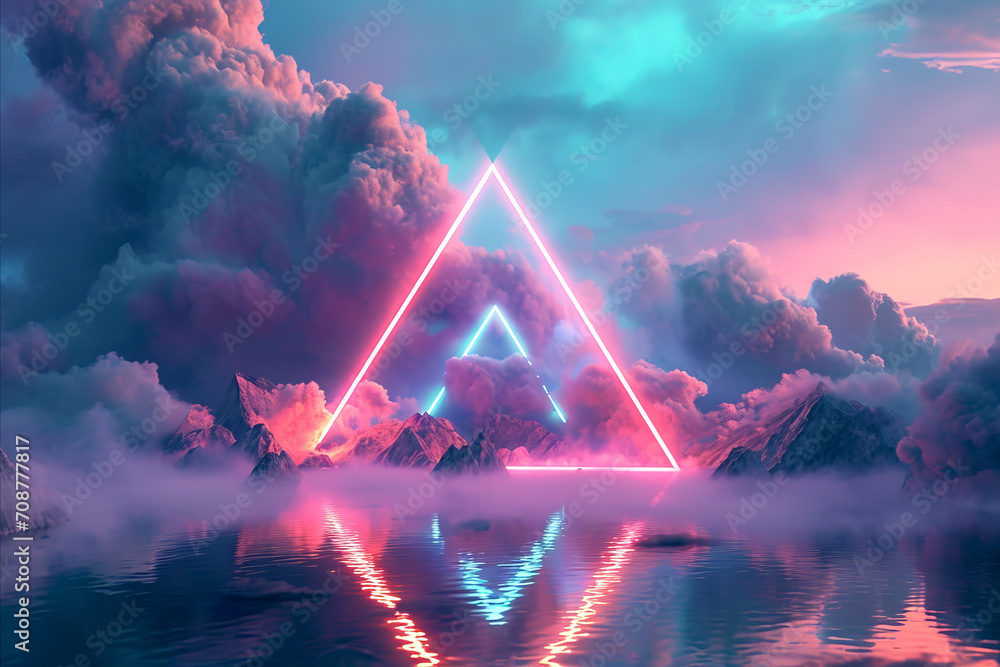 Aufkleber abstract neon glowing triangle surrounded by fog and clouds. modern design background