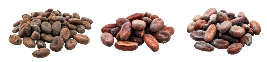 Set of stack of cocoa beans, cut out - stock png. - obrazy, fototapety, plakaty