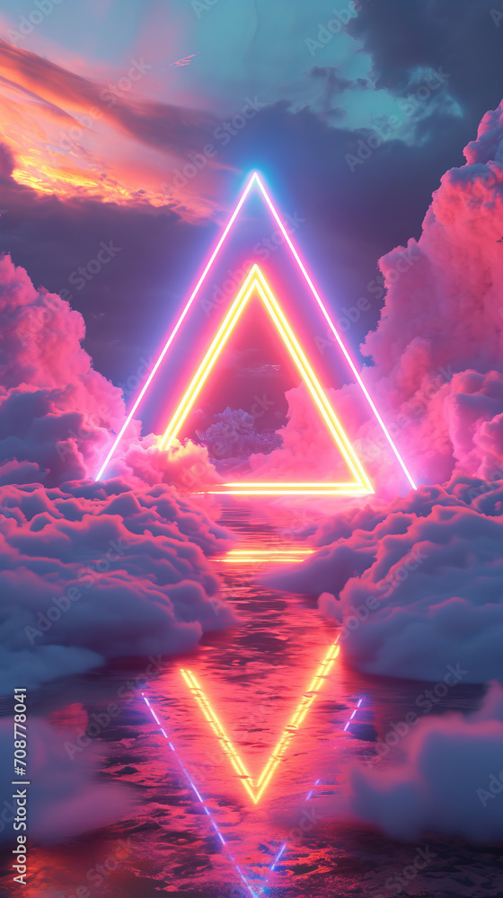 Aufkleber abstract neon glowing triangle surrounded by fog and clouds. modern design background