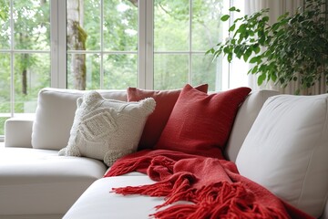 Red Throw on White Sofa in Modern Living Room