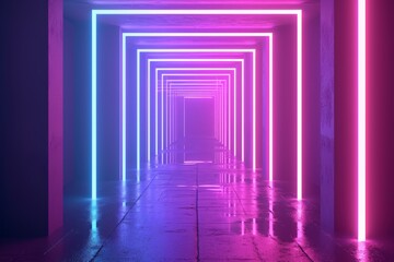 Abstract purple corridor with illuminated lines creates a modern interior design concept