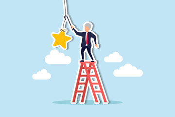 Retirement pension fund target, financial planning for retiree or success retirement life concept, elderly senior retired man climbing up ladder to the top high into the sky to grab the star. - obrazy, fototapety, plakaty