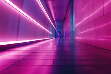 Futuristic subway station with light lines illuminating the empty corridor