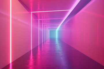 Sure, here is a description for the image: A long purple hallway bathed in light