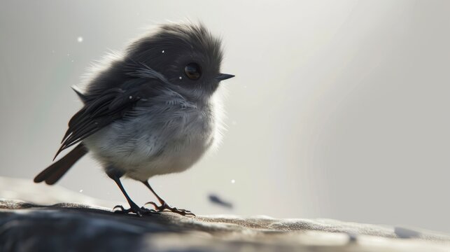  a small bird is standing on the edge of a piece of wood and looking at the camera with a blurry background of snow falling on the ground behind it.