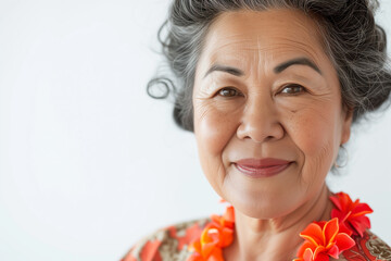 A close-up image capturing an Asian senior women's warm and content smile as she wears a tropical-themed floral outfit.