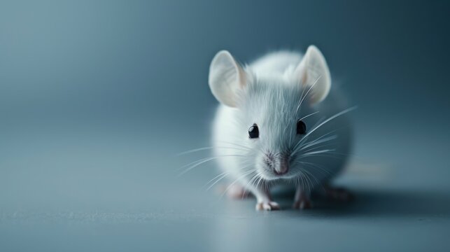  a close up of a white mouse on a blue background with a blurry image of the mouse looking at the camera with a serious look on the mouse's face.