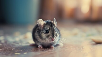  a close up of a small rodent on a wooden floor with a blurry background and a blurry image of the rodent in the middle of the picture.