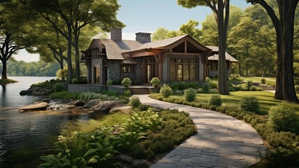 Fototapeta premium Craftsman Style Home Perched on the Edge of a Peaceful Landscape - AI Generative