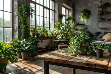 Fototapeta na wymiar Stylish interior of living room with green houseplants