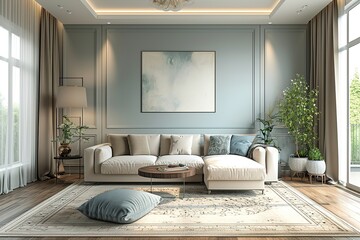 Stylish interior of living room with sofa.