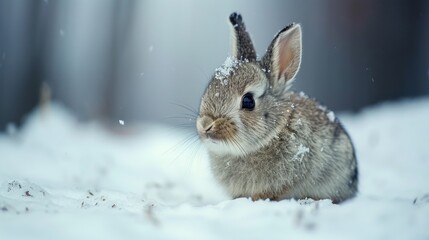 Obraz premium a rabbit is sitting in the snow and looking at the camera while it's covered in snowflakes and has it's ears up to the side of the camera.