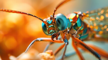 Fototapeta premium a close up of a blue and orange dragonfly on a piece of wood with a blurry background of orange and yellow leaves in the foreground and a blurry background.