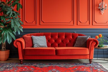Stylish sofa and carpet on color background.
