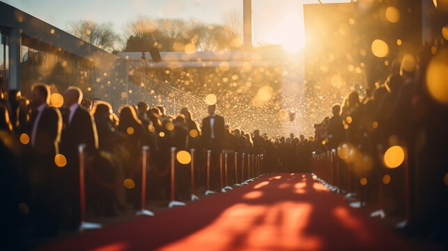 Celebrities at glamorous movie premiere with mesmerizing bokeh effect and blurred crowd of fans