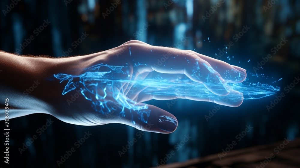 Poster digital holographic representation of an ai-powered healing hand - ai generative