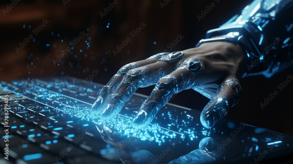 Poster digital holographic representation of an ai-powered healing hand - ai generative