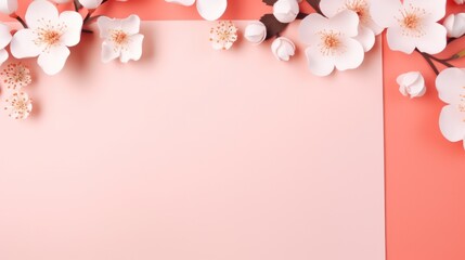 Spring floral border with cherry blossoms on pastel background. Seasonal greeting card with copy space.