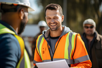Fototapeta premium portrait of smiling male builder in reflective vest with colleague on background