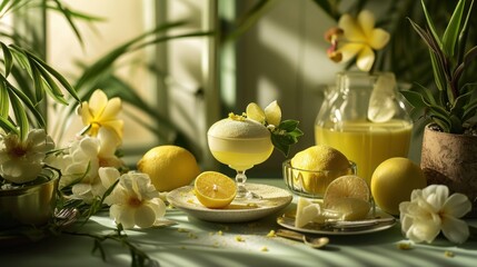  a table topped with a bowl of lemons and a plate of lemons next to a pitcher of lemonade and a bowl of lemons on a plate.