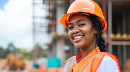 Smiling black african american female construction builder apprenticeship student, copy space - obrazy, fototapety, plakaty