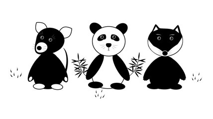 Set of cute black and white animals: mouse, panda, wolf. Vector graphics