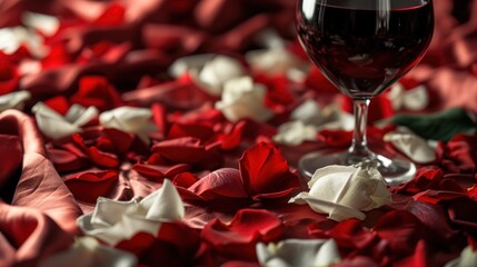 Fototapeta na wymiar a glass of red wine sitting on top of a bed of red and white rose petals on top of a bed of red and white sheets of red satines.