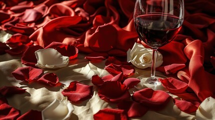 Fototapeta na wymiar a glass of wine sitting on top of a bed of red and white petals with a white rose in the middle of the glass and a white rose in the middle of the middle of the glass.