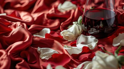 Fototapeta na wymiar a glass of wine sitting on top of a bed of red and white rose petals on a bed of red and white rose petals on a bed of red satin.