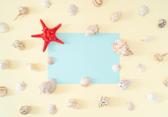 Fototapeta na wymiar Trendy summer pattern made of sea shells and red starfish with light blue paper card note copy space on bright cream background. Minimal summer concept. Creative exotic summer flat lay.