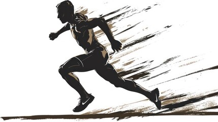  a silhouette of a man running on a race track with a splash of paint on the side of his body and in the foreground of the image is a white background.
