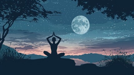  a silhouette of a person doing yoga in front of a night sky with the moon in the sky and a tree in the foreground with a full moon in the distance.