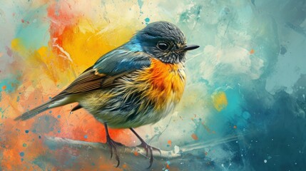  a painting of a bird sitting on a branch in front of a blue, yellow, orange and white background with a splash of paint on it's surface.