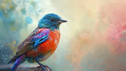  a colorful bird sitting on top of a piece of wood next to a painting of a blue, red, and orange bird on a pink and yellow background of watercolored background.