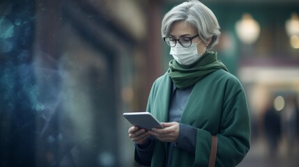 A middle-aged woman, gray hair, wire glasses, wearing a surgical mask using a mobile phone
