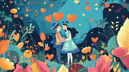  a couple of people standing next to each other in front of a forest filled with lots of flowers and hearts on a blue sky background with red and orange leaves.