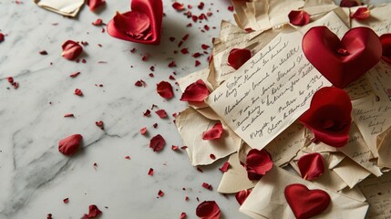  a close up of a piece of paper with a heart on it and a piece of paper with a note attached to it next to a bunch of red rose petals.