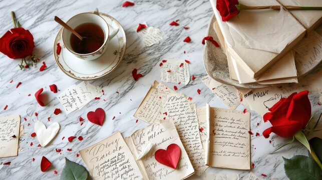 a table topped with lots of envelopes covered in paper and a cup of tea next to a couple of red roses on top of a marble slab of paper.