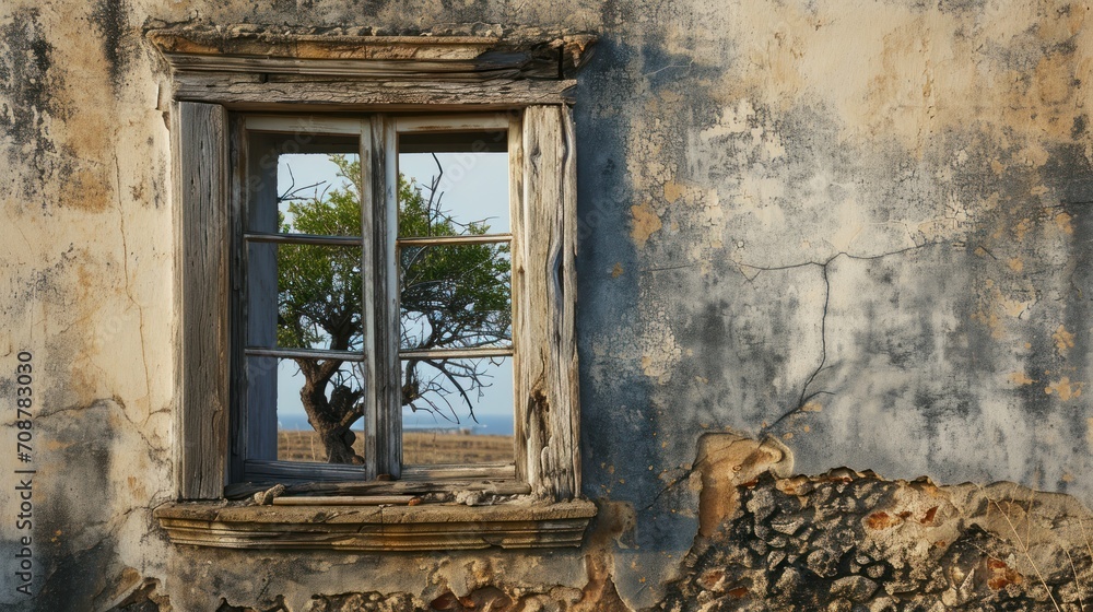 Poster a tree is seen through a window of an old building with peeling paint and a tree growing out of the 