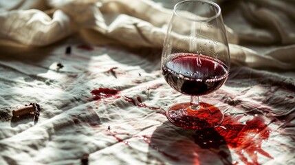  a glass of red wine sitting on top of a bed next to a pile of blood on the sheets of a bed spread across the room with a white comforter.