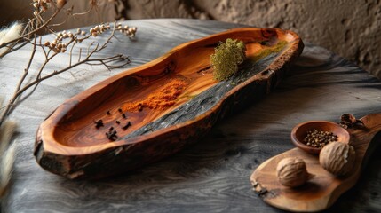  a wooden boat sitting on top of a table next to two wooden spoons and a small potted plant on top of a wooden table next to a wooden spoon.