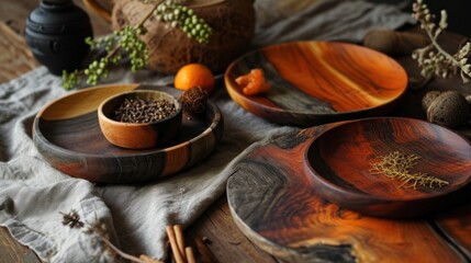  a table topped with wooden plates and bowls filled with different types of food on top of a piece of cloth next to a couple of cinnamon sticks and an oranges. - obrazy, fototapety, plakaty