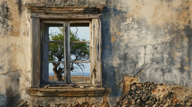  a tree is seen through a window of an old building with peeling paint and a tree growing out of the window sill in the foreground, with a blue sky in the background.